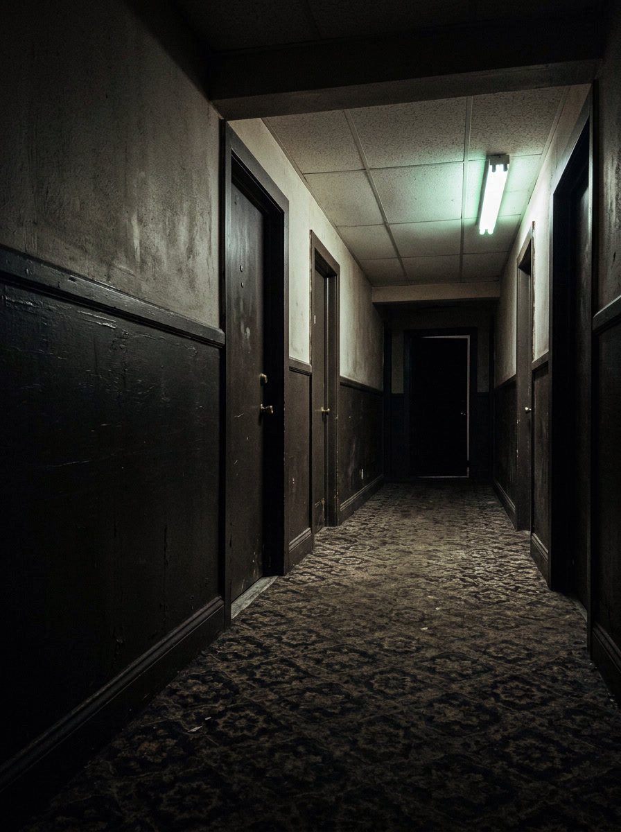 An empty motel corridor, one fluorescent tube burning